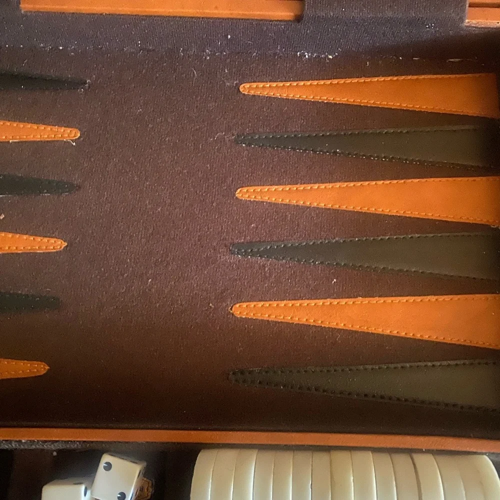 Vintage Faux leather briefcase style portable backgammon set, checkers.